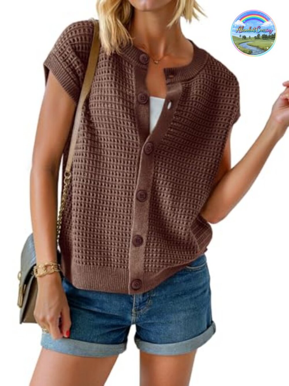 Womens Crochet Cap Sleeve Sweater Vest Button Down Cardigan Knit Top